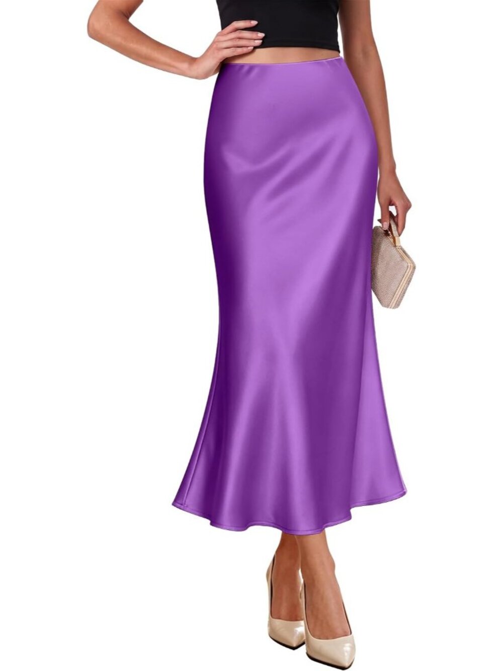 Women's Purple Elegant Satin High Waist Silk Bias Cut Slip Pull On Midi Skirt
